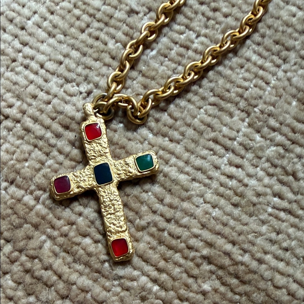 Vintage Anne Klein Gold-Tone Cross Pendant Necklace with Colored Stones